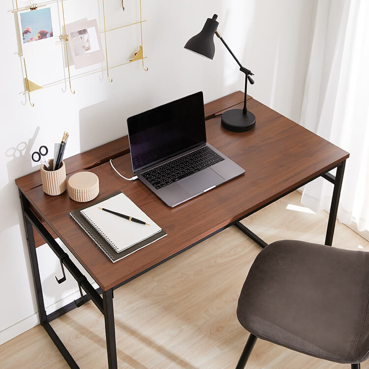 Computer desk, multi-purpose work desk, power strip storage, steel legs, wood grain finish