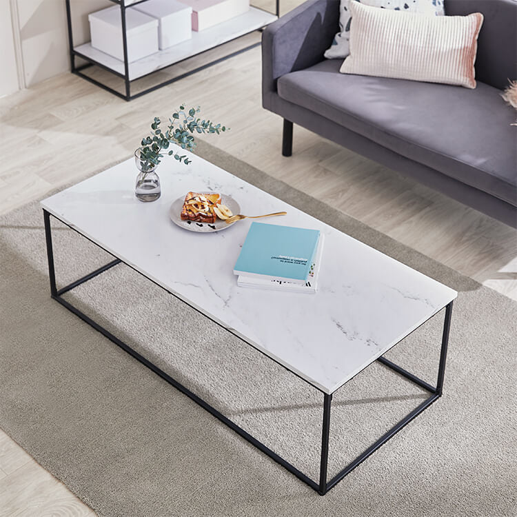 Living room table, low table, low desk, rectangular, steel, marble pattern