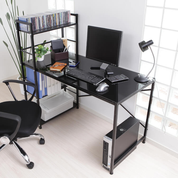 Computer desk, choice of glass or wooden top, integrated storage rack, steel