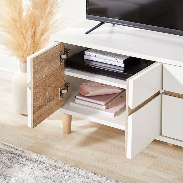 Low TV stand, wood grain, with storage, hinged door storage, two-tone color