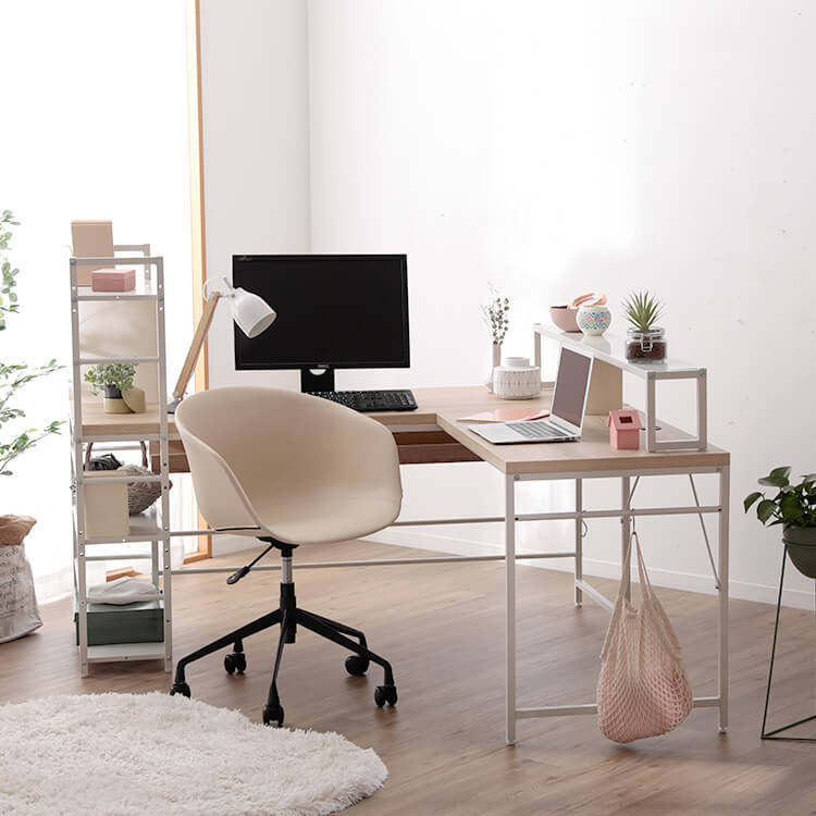 L-shaped desk with integrated rack, steel legs, wooden