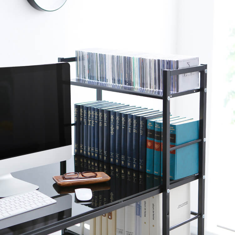 Computer desk, choice of glass or wooden top, integrated storage rack, steel