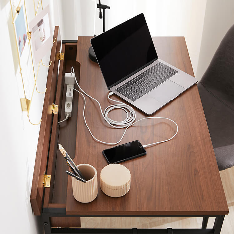 Computer desk, multi-purpose work desk, power strip storage, steel legs, wood grain finish