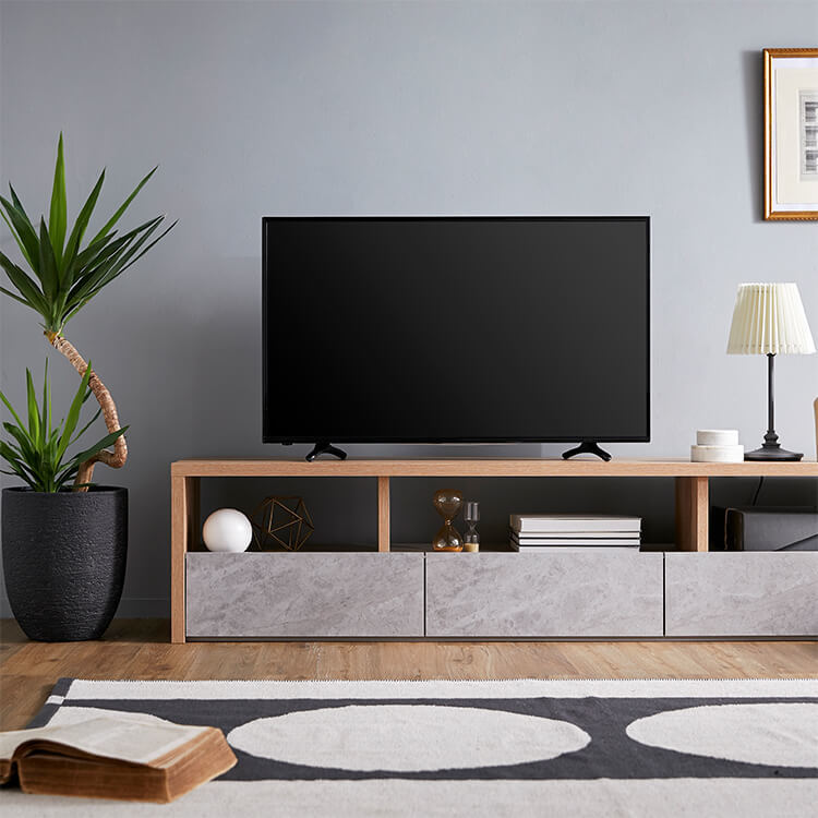 TV stand, low TV stand, made in Japan, finished product, wood grain, concrete pattern, with storage