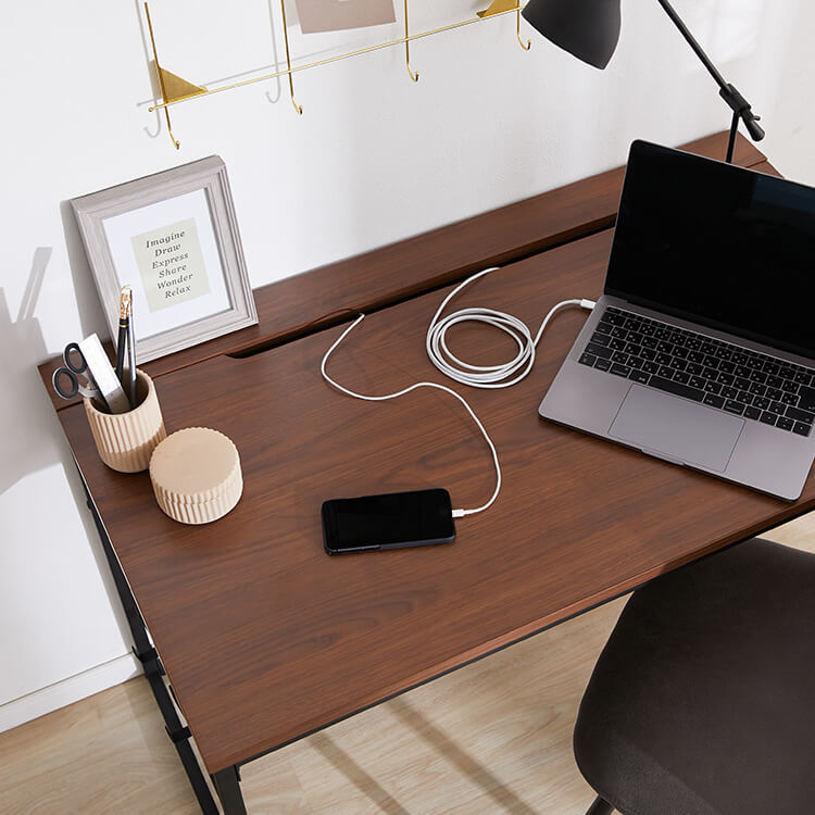 Computer desk, multi-purpose work desk, power strip storage, steel legs, wood grain finish