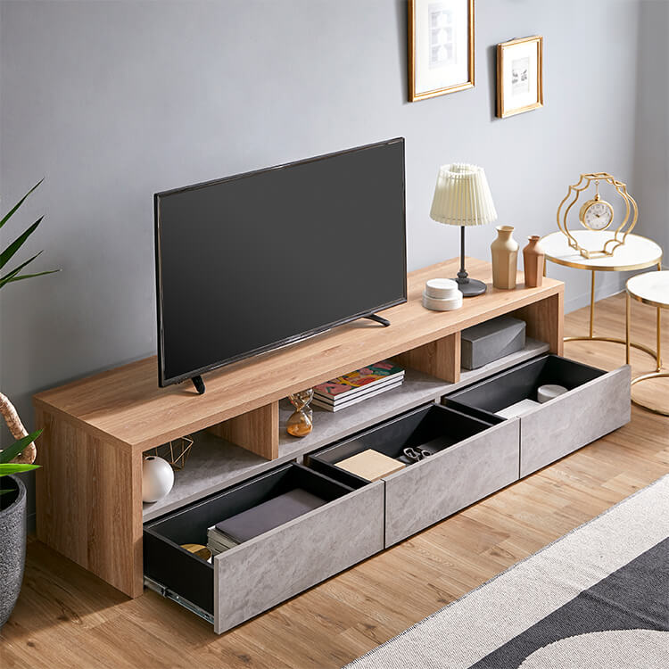 TV stand, low TV stand, made in Japan, finished product, wood grain, concrete pattern, with storage