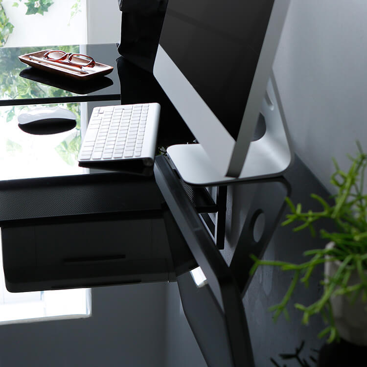 Computer desk, choice of glass or wooden top, integrated storage rack, steel