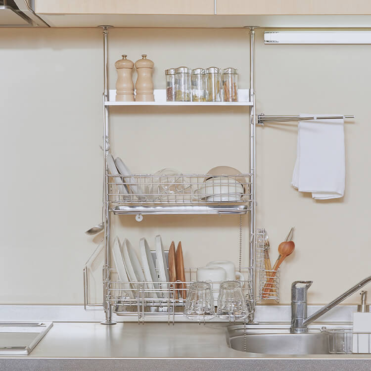 Tension Dish Drainer, Stainless Steel, with Chopstick, Knife and Cutting Board Stand