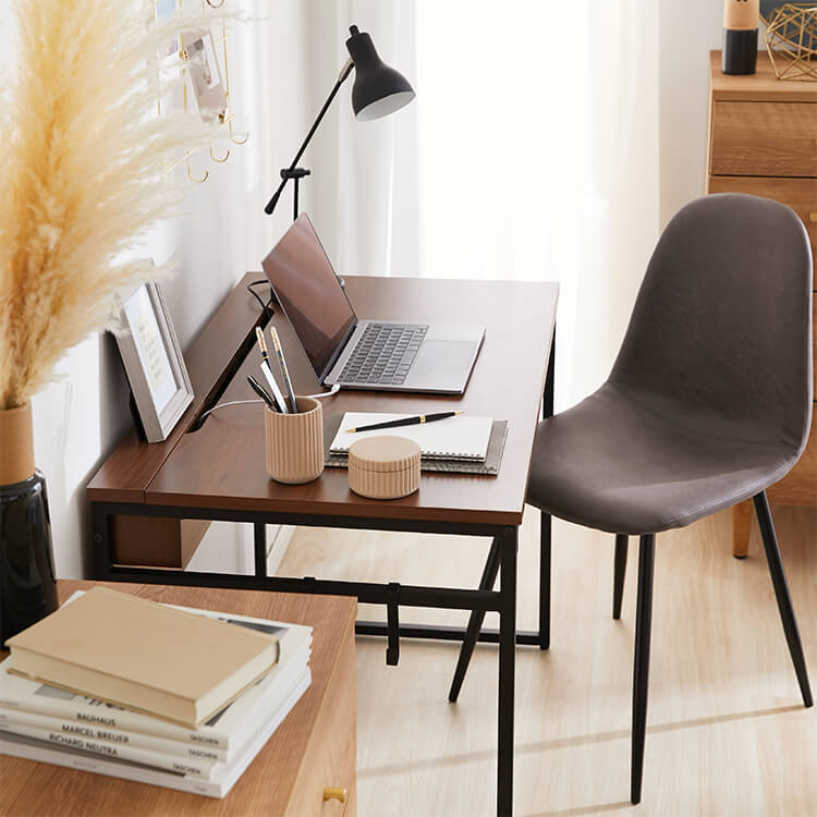 Computer desk, multi-purpose work desk, power strip storage, steel legs, wood grain finish