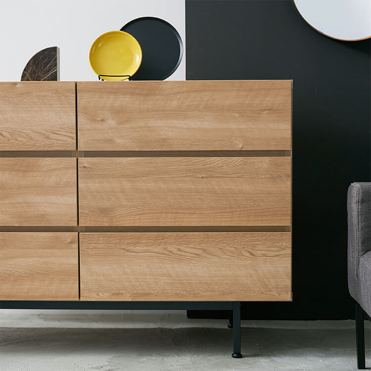 Domestically produced low chest of drawers, storage, with legs, made of wood and steel