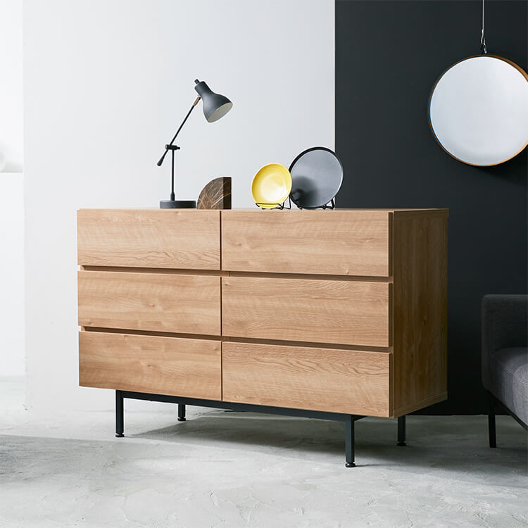 Domestically produced low chest of drawers, storage, with legs, made of wood and steel