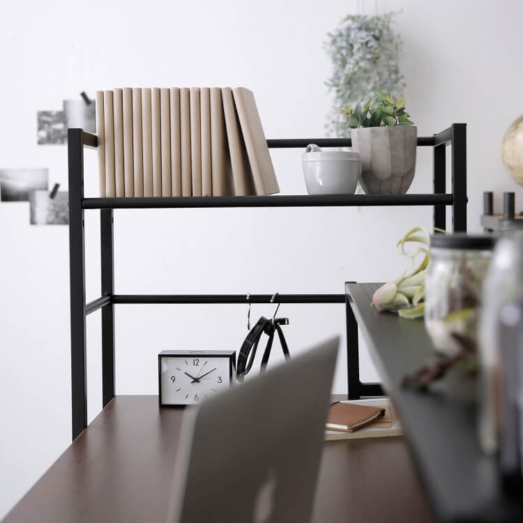 L-shaped desk with integrated rack, steel legs, wooden