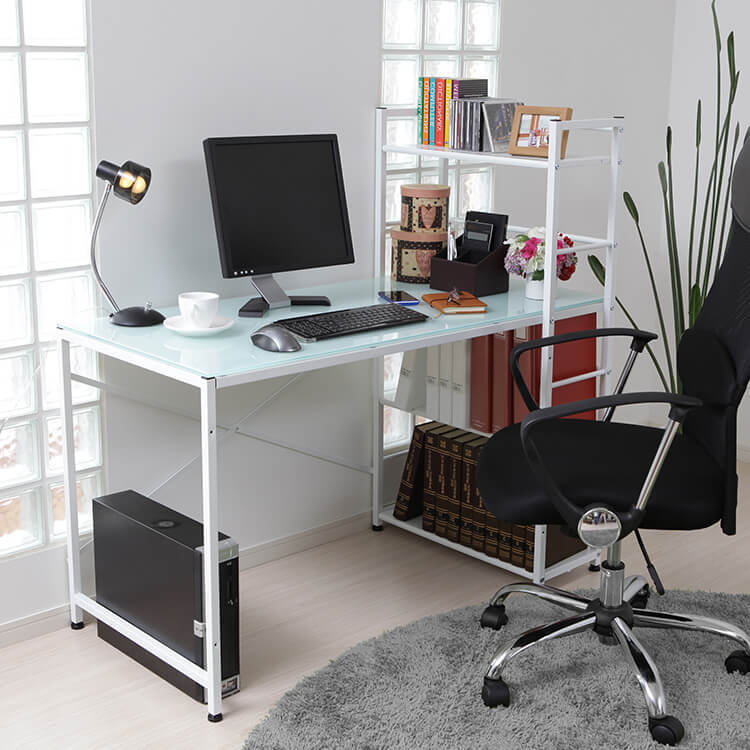 Computer desk, choice of glass or wooden top, integrated storage rack, steel