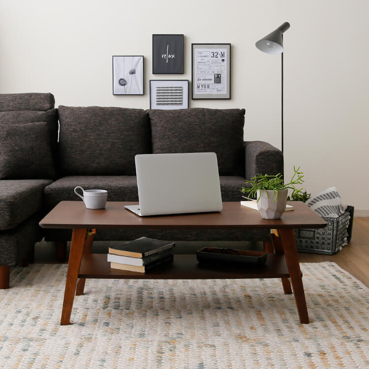 Living room table, foldable, with storage space, made of natural wood, low table