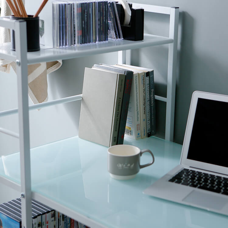 Computer desk, choice of glass or wooden top, integrated storage rack, steel