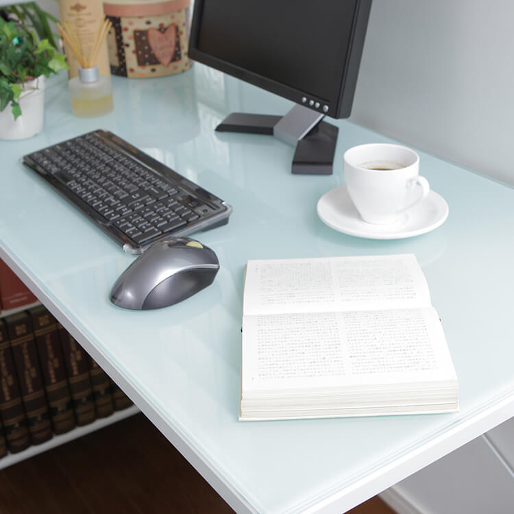 Computer desk, choice of glass or wooden top, integrated storage rack, steel