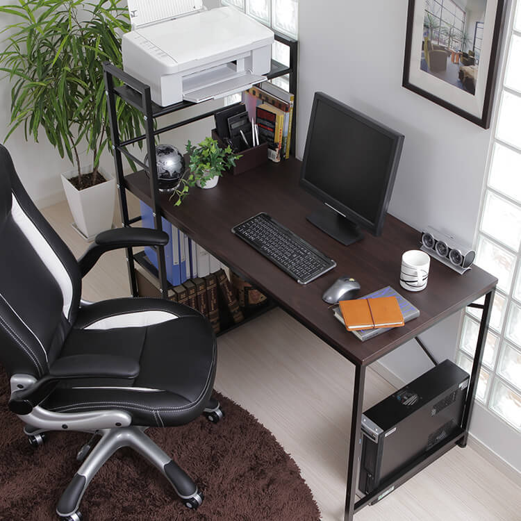 Computer desk, choice of glass or wooden top, integrated storage rack, steel
