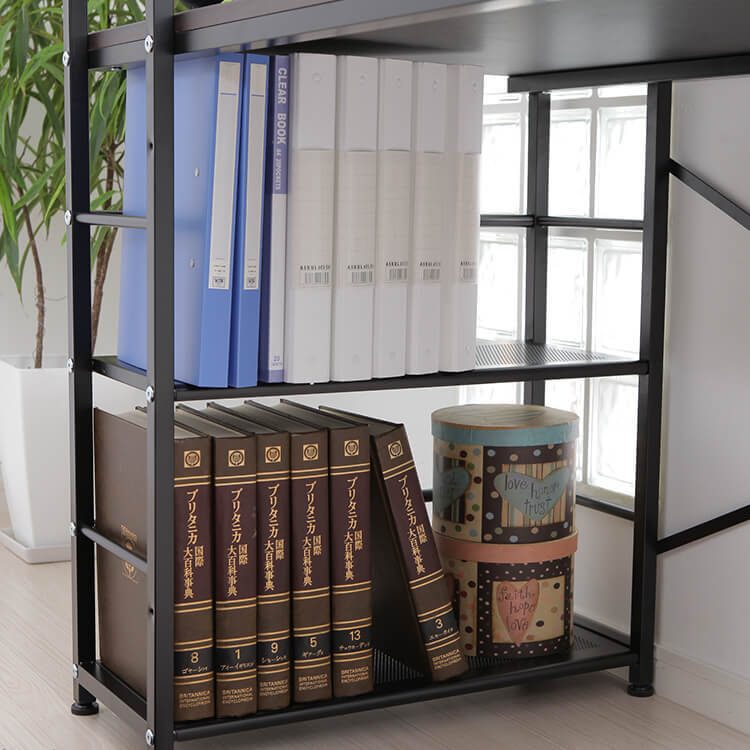Computer desk, choice of glass or wooden top, integrated storage rack, steel