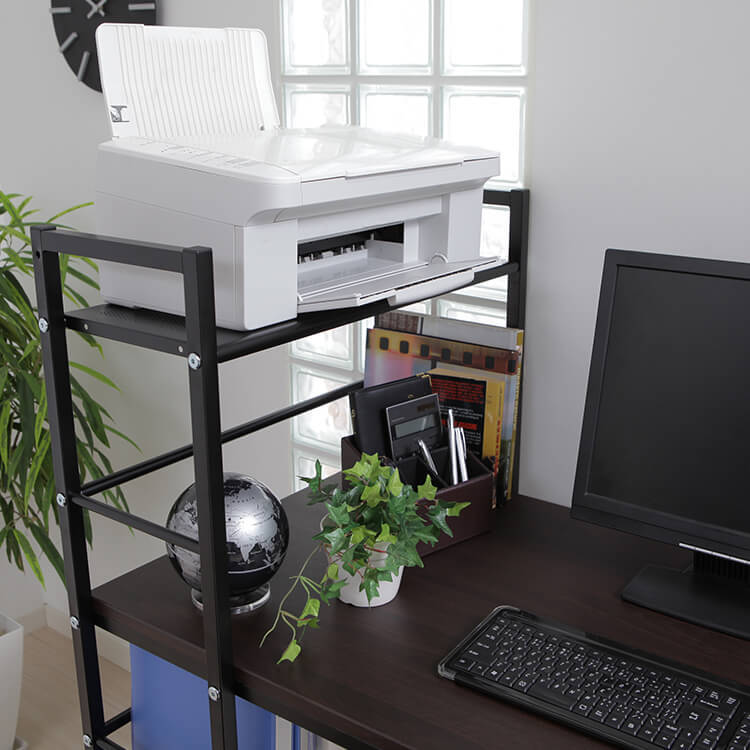 Computer desk, choice of glass or wooden top, integrated storage rack, steel
