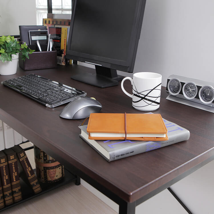 Computer desk, choice of glass or wooden top, integrated storage rack, steel