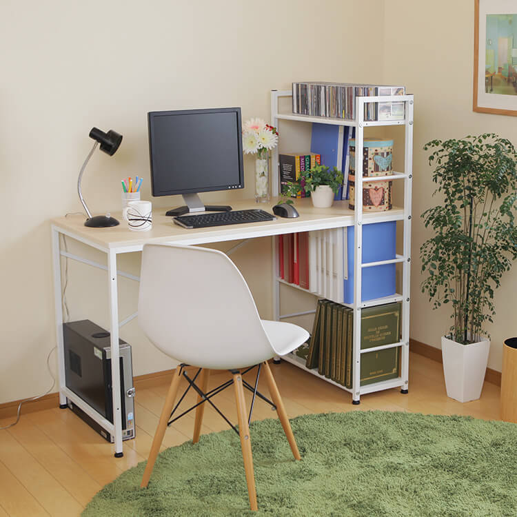 Computer desk, choice of glass or wooden top, integrated storage rack, steel