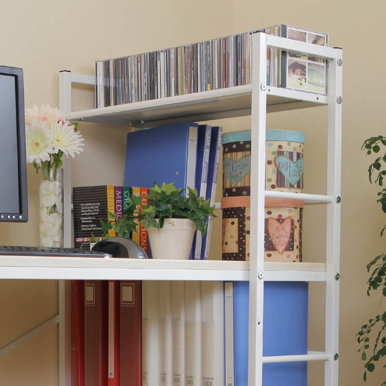 Computer desk, choice of glass or wooden top, integrated storage rack, steel