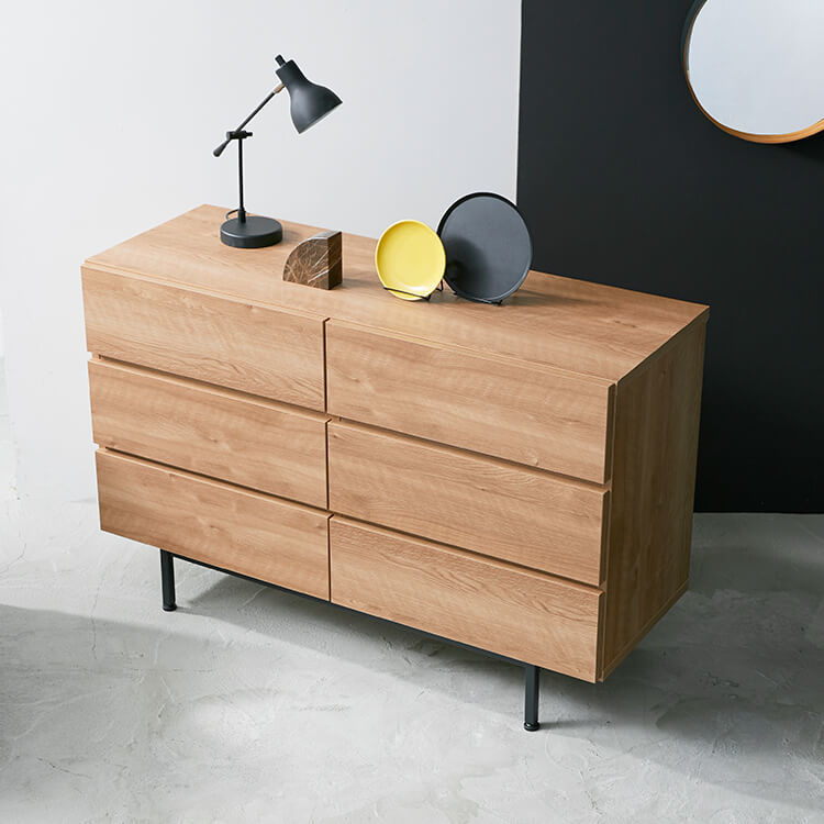 Domestically produced low chest of drawers, storage, with legs, made of wood and steel